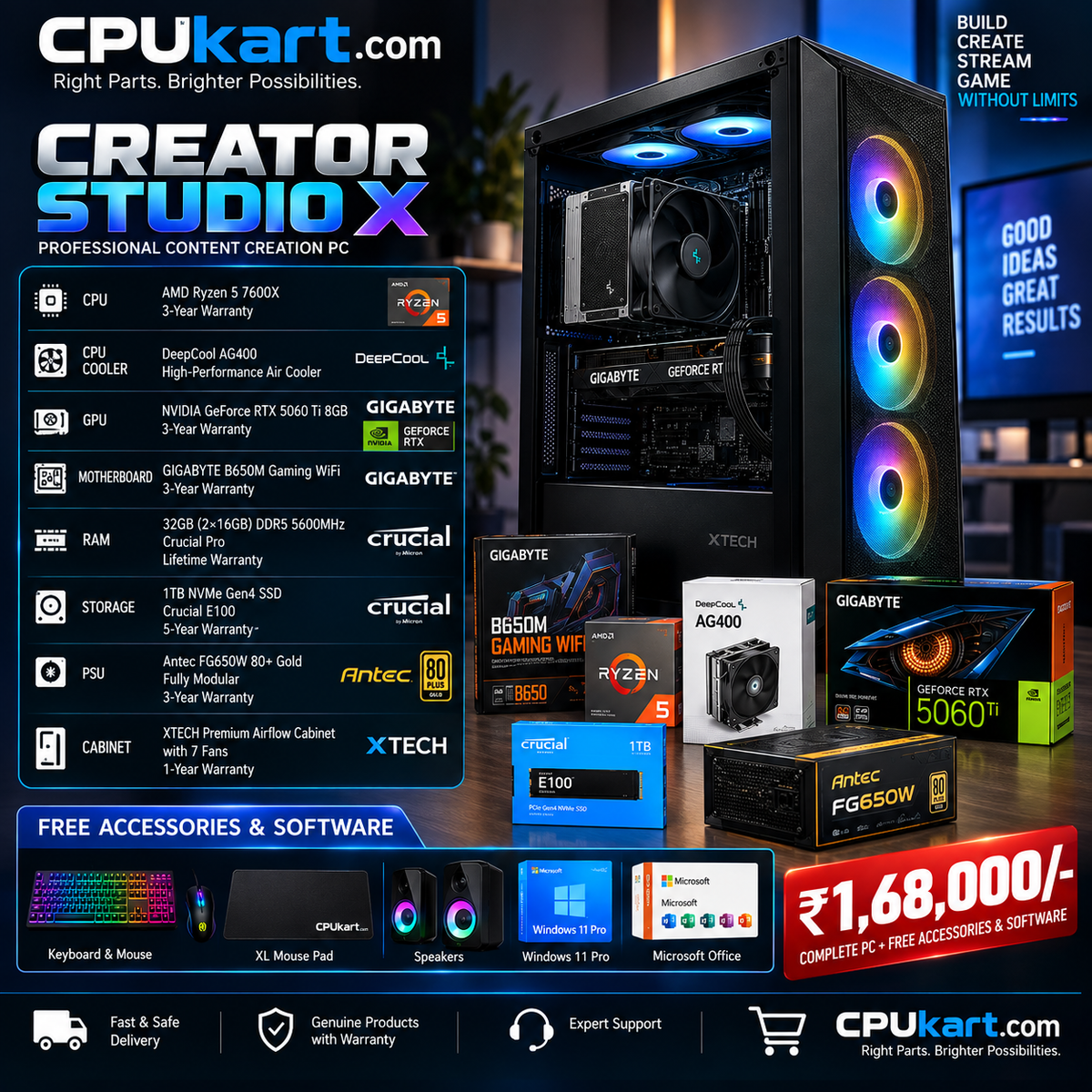 CPUkart Creator Studio X — Ryzen 5 7600X + RTX 5060 Ti