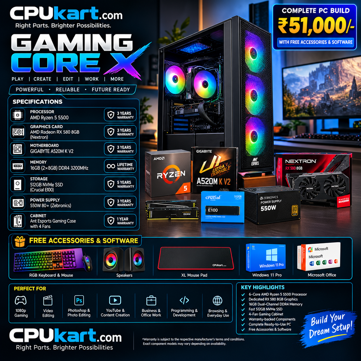 CPUkart Gaming Core X With Ryzen 5 5500 And RX580 8GB Graphics