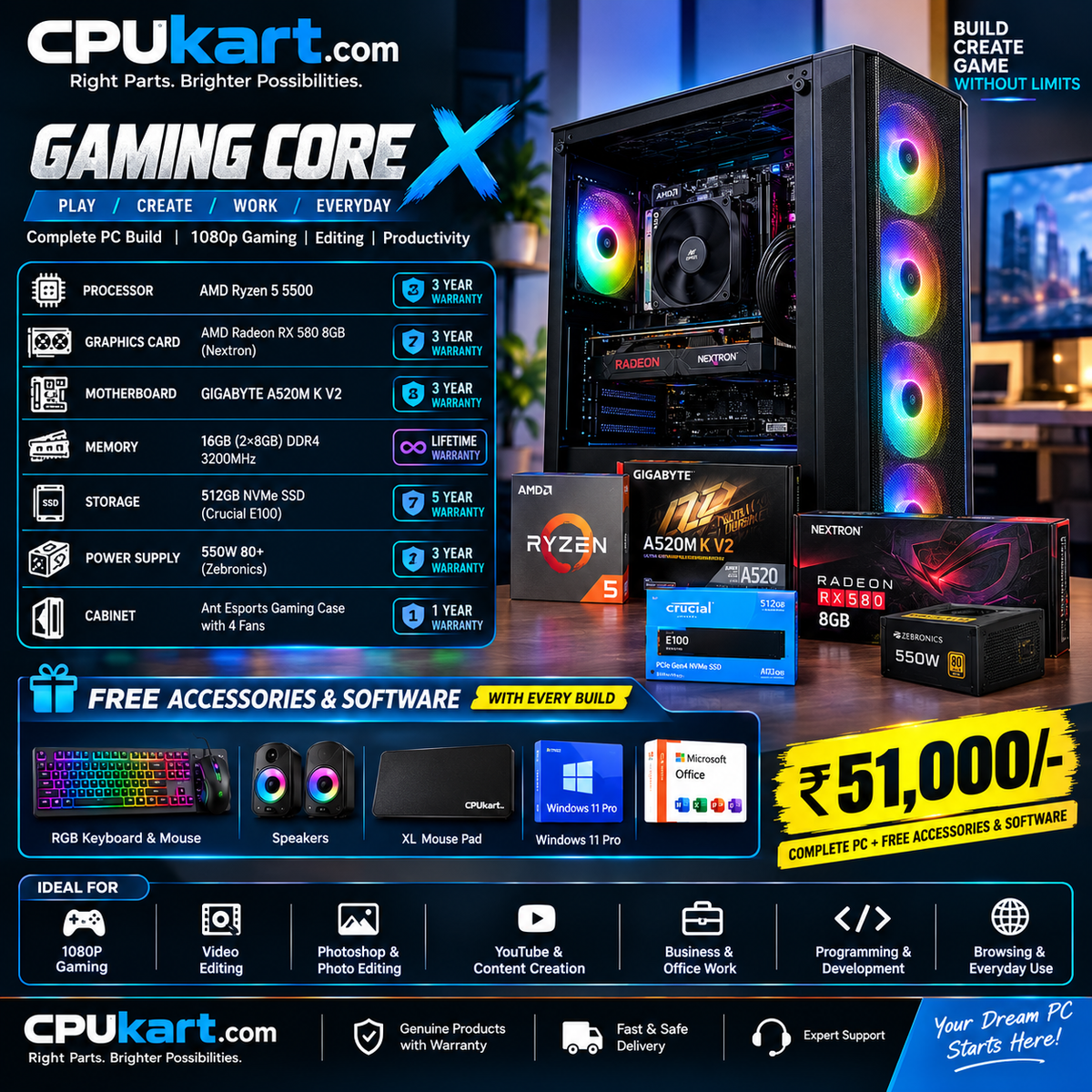 CPUkart Gaming Core X With Ryzen 5 5500 And RX580 8GB Graphics