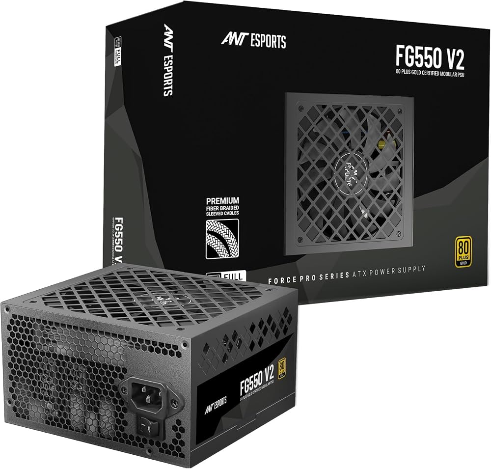 Ant Esports FG550 V2 Power Supply Unit — 550W, 80 Plus Gold Certified, Fully Modular, Braided Nylon Cables, Active PFC, RTX 40 & RX 7000 Series Compatible, Gaming PSU