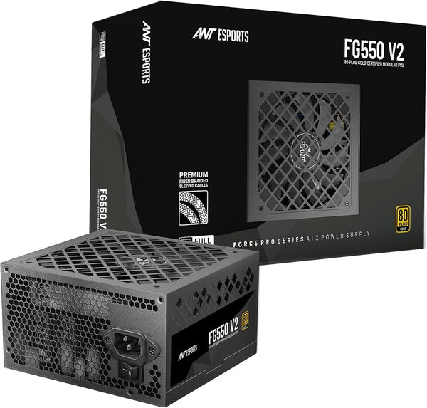Ant Esports FG550 V2 Power Supply Unit — 550W, 80 Plus Gold Certified, Fully Modular, Braided Nylon Cables, Active PFC, RTX 40 & RX 7000 Series Compatible, Gaming PSU