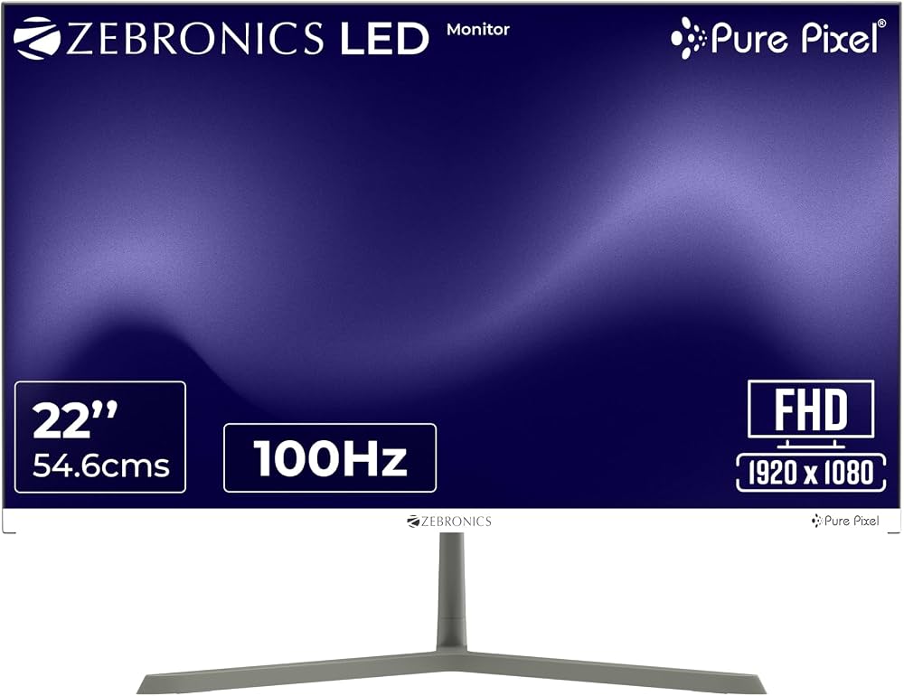 Zebronics Full HD LED Monitor, 21.5 Anti-Glare Screen, 100Hz Refresh Rate, Ultra Slim, Bezel-Less Display, 250nits Brightness, HDMI & VGA, Wall Mountable (A122)