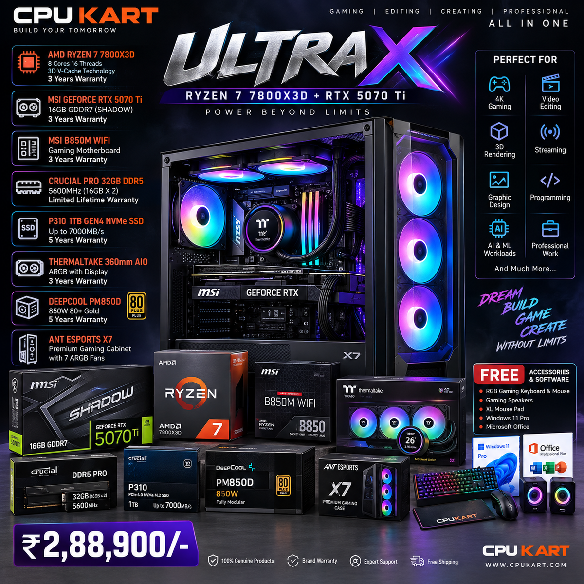 CPU KART ULTRA X
Ryzen 7 7800X3D + MSI RTX 5070 Ti 16GB Gaming & Creator PC