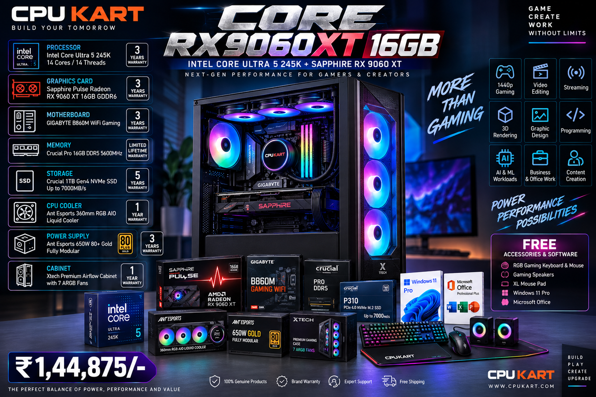 CPU KART CORE RX9060XT 16GB
Intel Core Ultra 5 245K + Sapphire RX 9060 XT 16GB Gaming & Creator PC