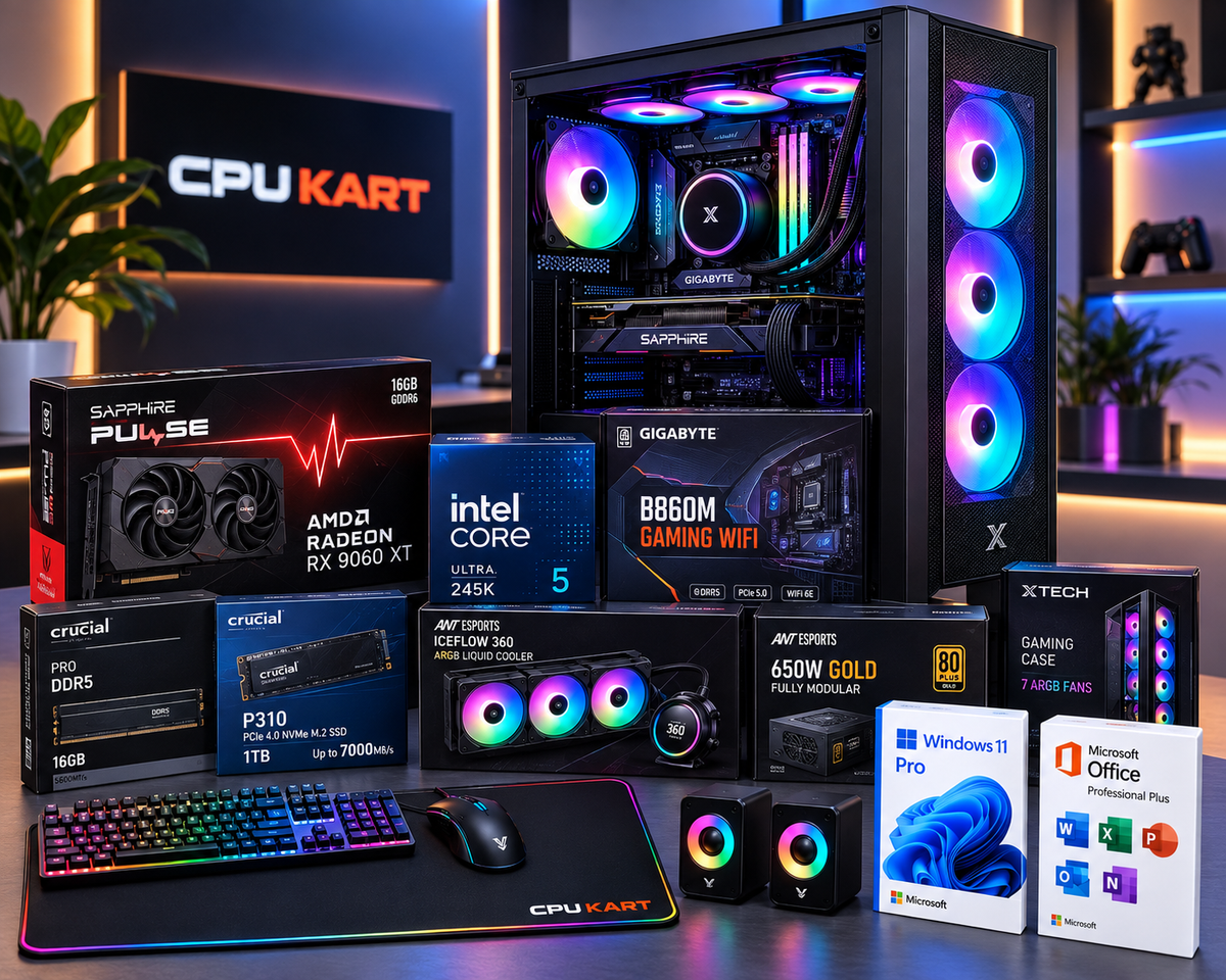CPU KART CORE RX9060XT 16GB
Intel Core Ultra 5 245K + Sapphire RX 9060 XT 16GB Gaming & Creator PC
