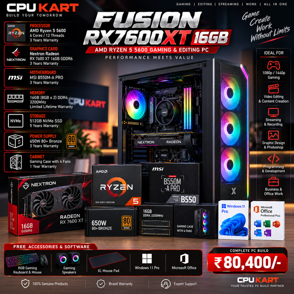 CPU KART FUSION RX7600XT 16GB
AMD Ryzen 5 5600 + Radeon RX 7600 XT 16GB Gaming & Editing PC