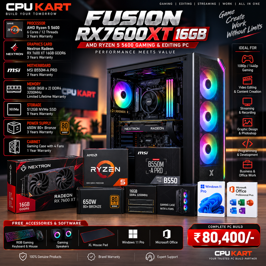 CPU KART FUSION RX7600XT 16GB
AMD Ryzen 5 5600 + Radeon RX 7600 XT 16GB Gaming & Editing PC