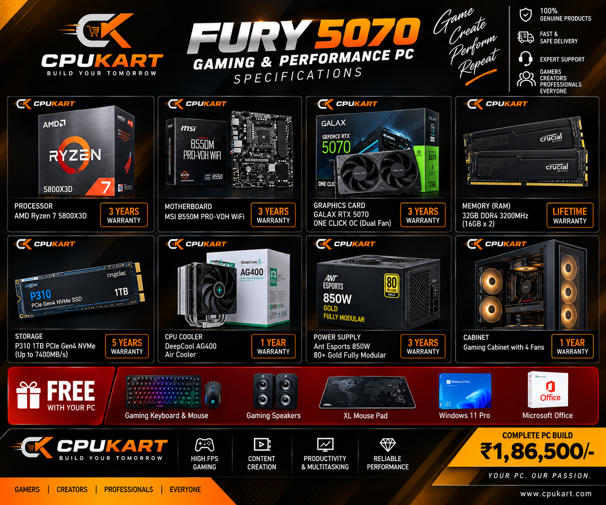 CPU KART FURY 5070
AMD Ryzen 7 5800X3D + GALAX RTX 5070 ONE CLICK OC